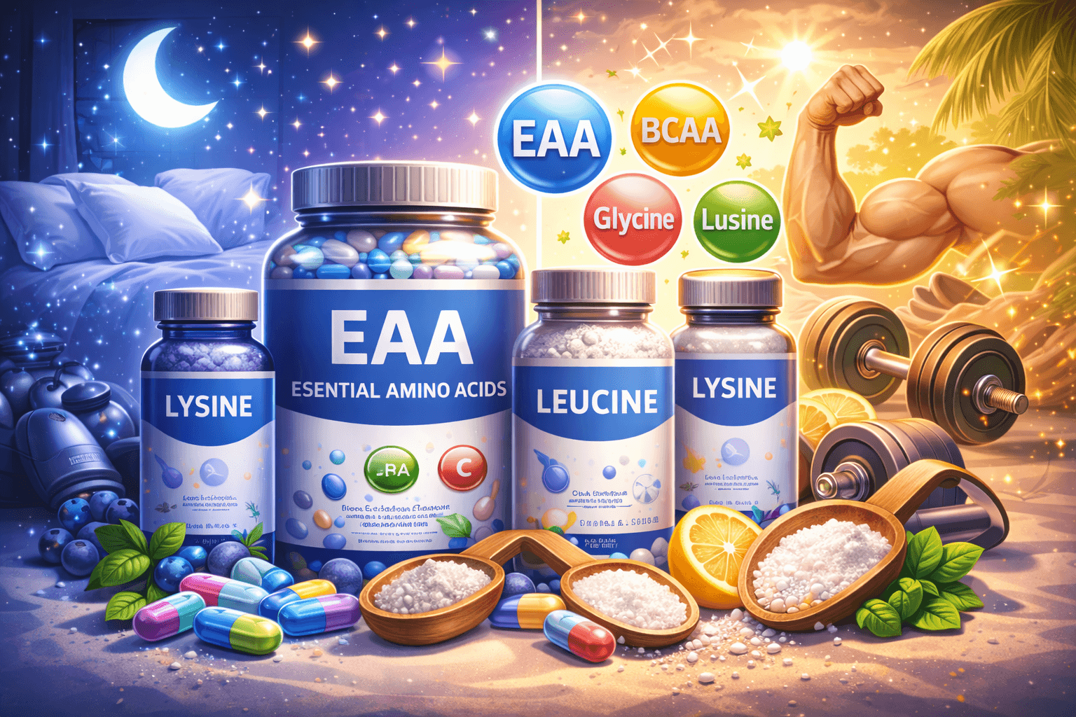 Аминокислоты для восстановления, сна и энергии: EAA, лизин, глицин, лейцин